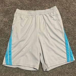 White and blue athletic shorts.